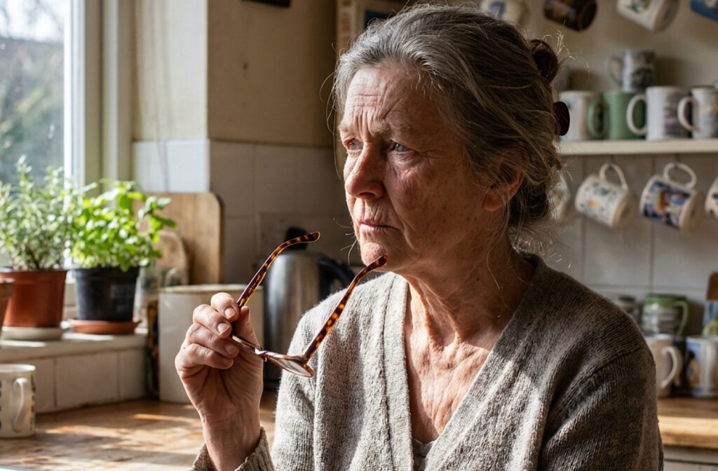 A concerned senior sits in their kitchen and takes off their glasses
