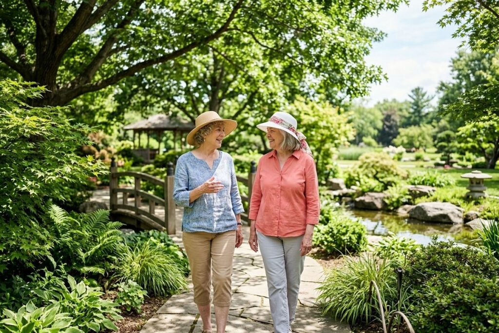 Two smiling older adults in sun hats walk together on a stone path in a lush green garden.