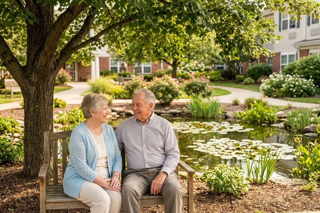Two older adults sitting on a bench by a pond, smiling at each other.