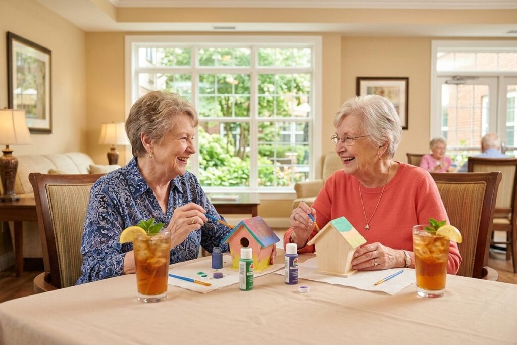 Two older adults smile while painting birdhouses and drinking iced tea.