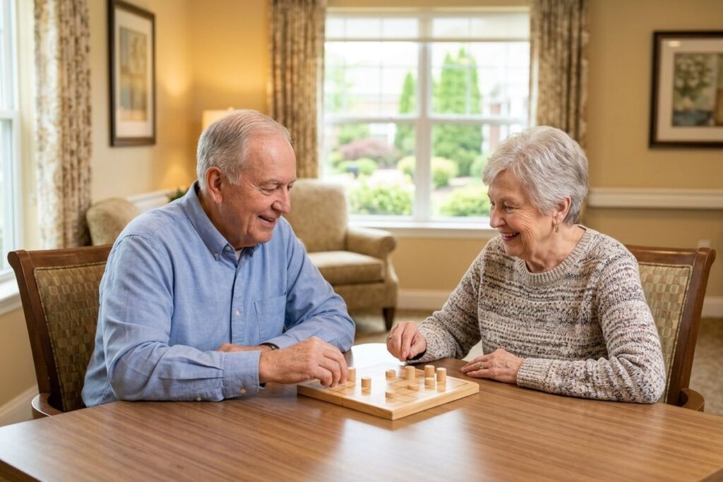 Two older adults smile while playing a board game in a sunlit room.