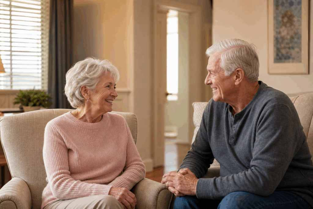 Two older adults smile at each other while sitting in a living room.