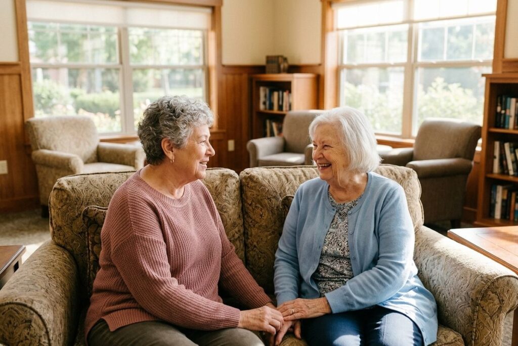 Two smiling older adults sit on a sofa, holding hands and looking at each other.